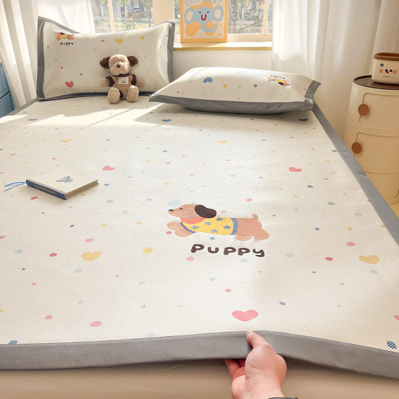 Summer ice rattan mat three-piece cartoon mattress foldable embroidered ice silk mat can sleep naked air conditioner soft mat