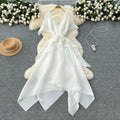 Fashionable v neckstereopatchwork strap waist asymmetrical pleated dress women's celebrity fashionable dress