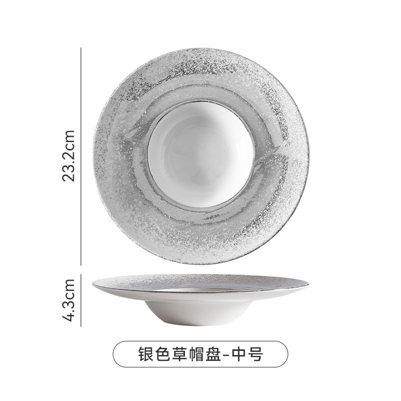 Nordic gradient sprayed high-value light luxury ceramic western food pasta plate, straw hat plate, restaurant hotel business straw hat plate