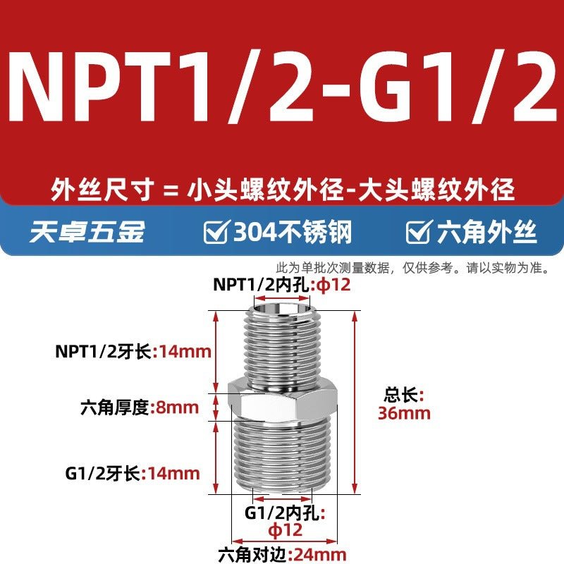 304 stainless steel hexagonal outer wire high pressure thickened direct joint double head external thread variable diameter head 2 points 4 points pair wire