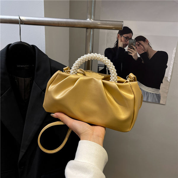 New sweet girl cute pearl handbag women's shoulder bag versatile mobile phone bag pleated messenger cloud bag