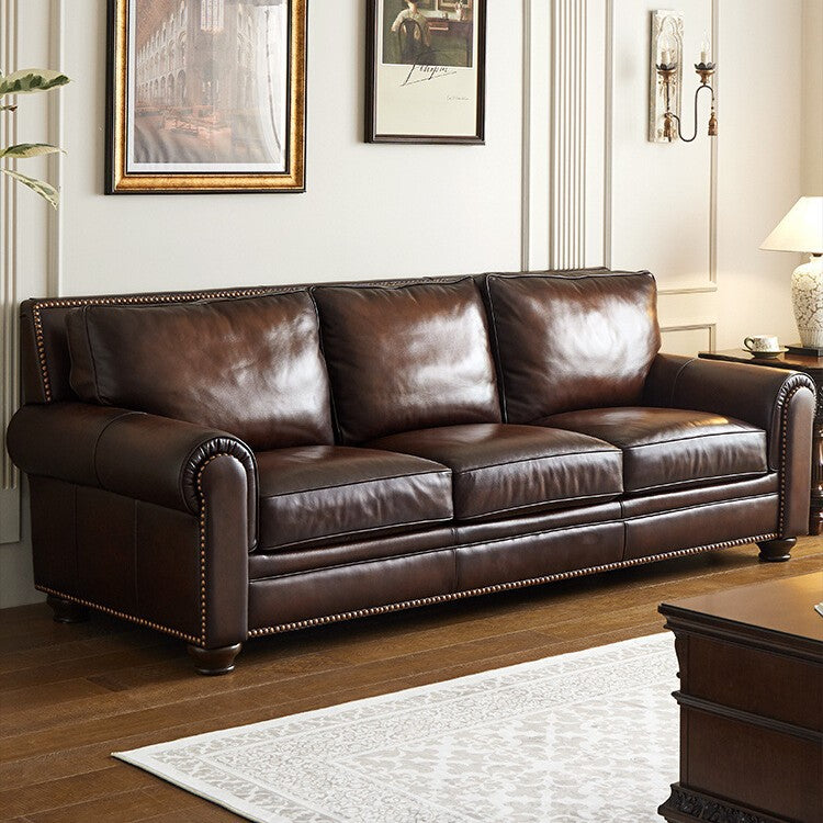 American sofa baton brown hand-rubbed full leather first-layer cowhide three-person row retro living room furniture