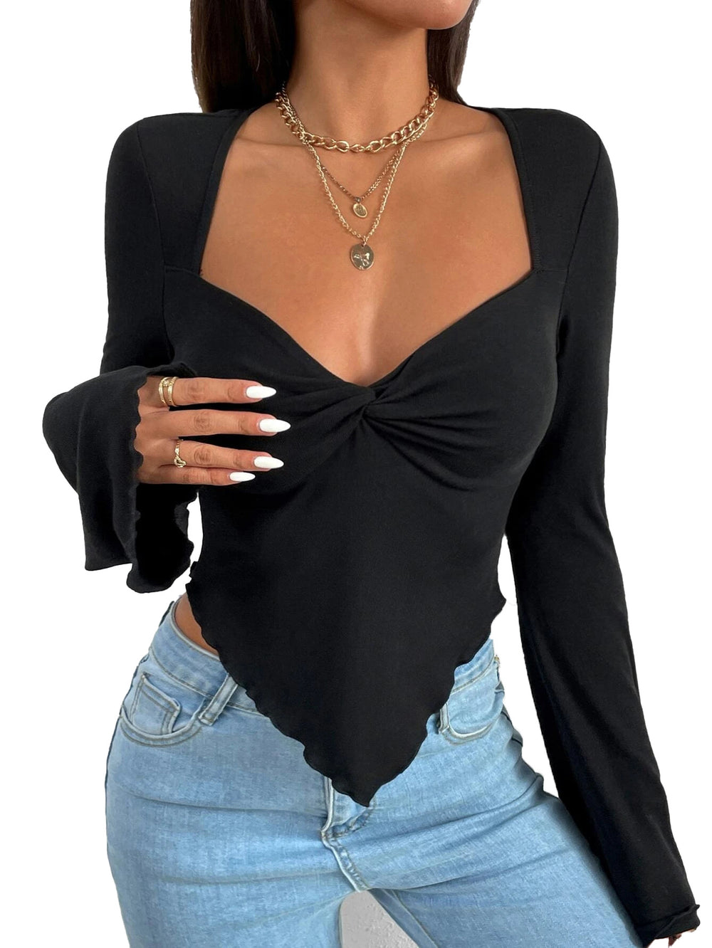 export women's t-shirt vacation v-neck bell sleeves waist asymmetricalknittinglong sleeves t-shirt tops
