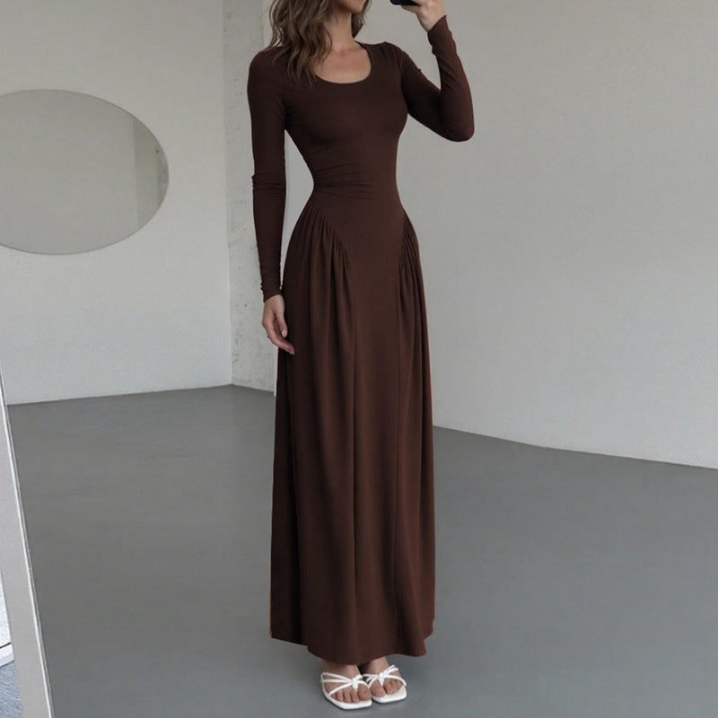 fashion style  fall and winter new arrivalpure color frenchelegancelong sleeves u-neck waist large swing dress wholesale