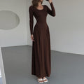 fashion style  fall and winter new arrivalpure color frenchelegancelong sleeves u-neck waist large swing dress wholesale