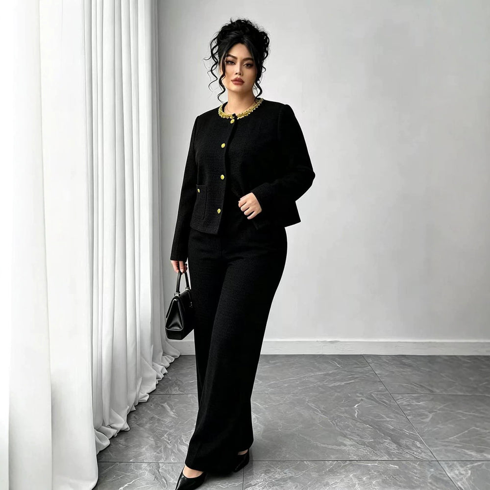Exportfashion socialite style plus size suit beaded round neck single-breasted short topsloosehigh waist wide leg pants