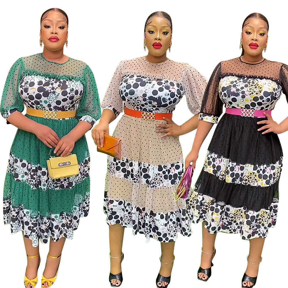 African  women's printed patchwork dress, european and american cross-border foreign trade fashion casual polka dot skirt, plus size