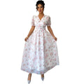 new european and american style bubble sleeve floral print v-neck midi dress