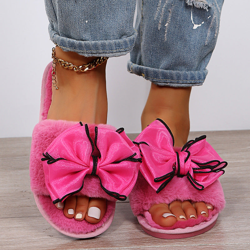 plus sizebows fur slippers for women autumn winter indoor and outdoor flats open toe summer air-conditioned slippers