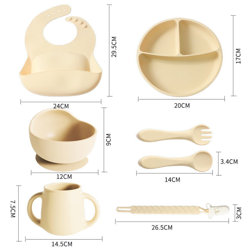 hot-selling food-grade silicone tableware 7-piece set, baby eating special tableware set, maternal and infant products supply