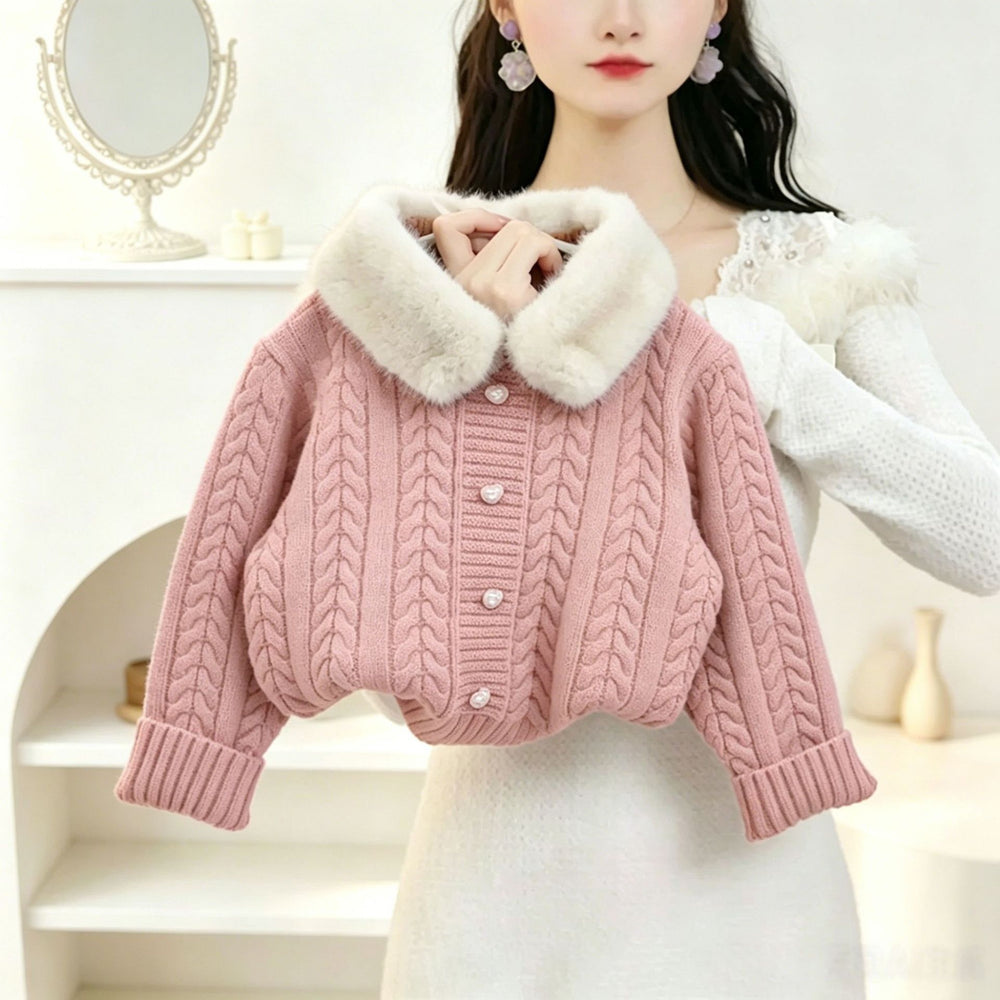 Girls' sweater set - new  winter collection: pink faux fur collar cardigan & wool blend plaid skirt two-piece set