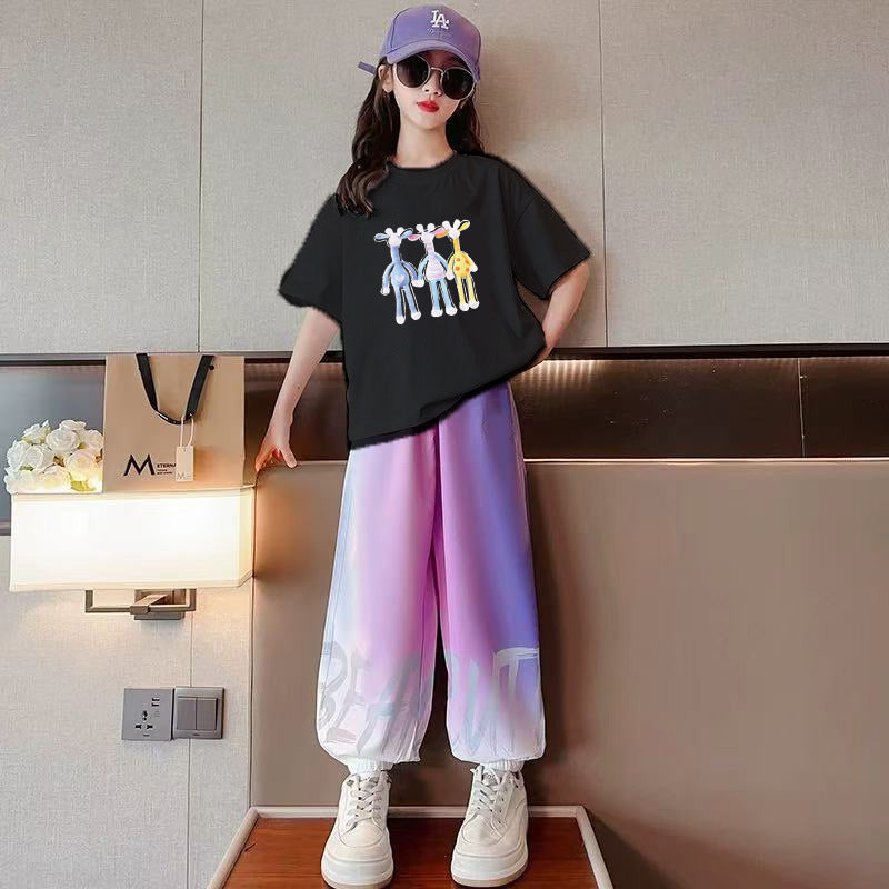 Girls' short-sleeve  summer new collection: long pants & t-shirt two-piece activewear set for girls (mid-to-large size, perfect for sports & school)