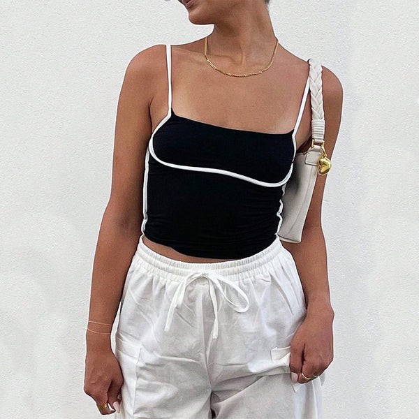 2024   women's clothing trend sexy suspender vest spring and summer contrasting color design versatile sleeveless top