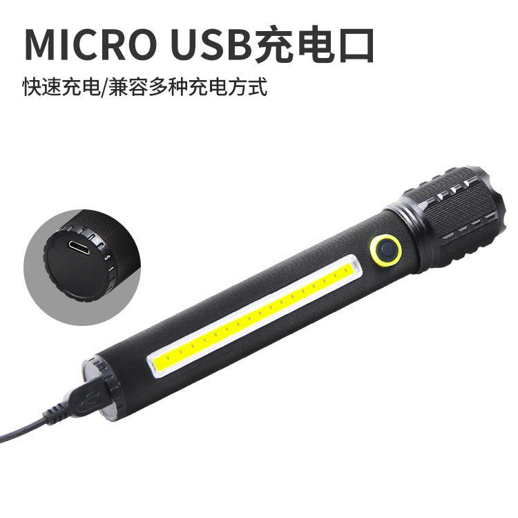 Cross-border LED small flashlight with side light COB strong light telescopic zoom USB charging set Mini C71 flashlight