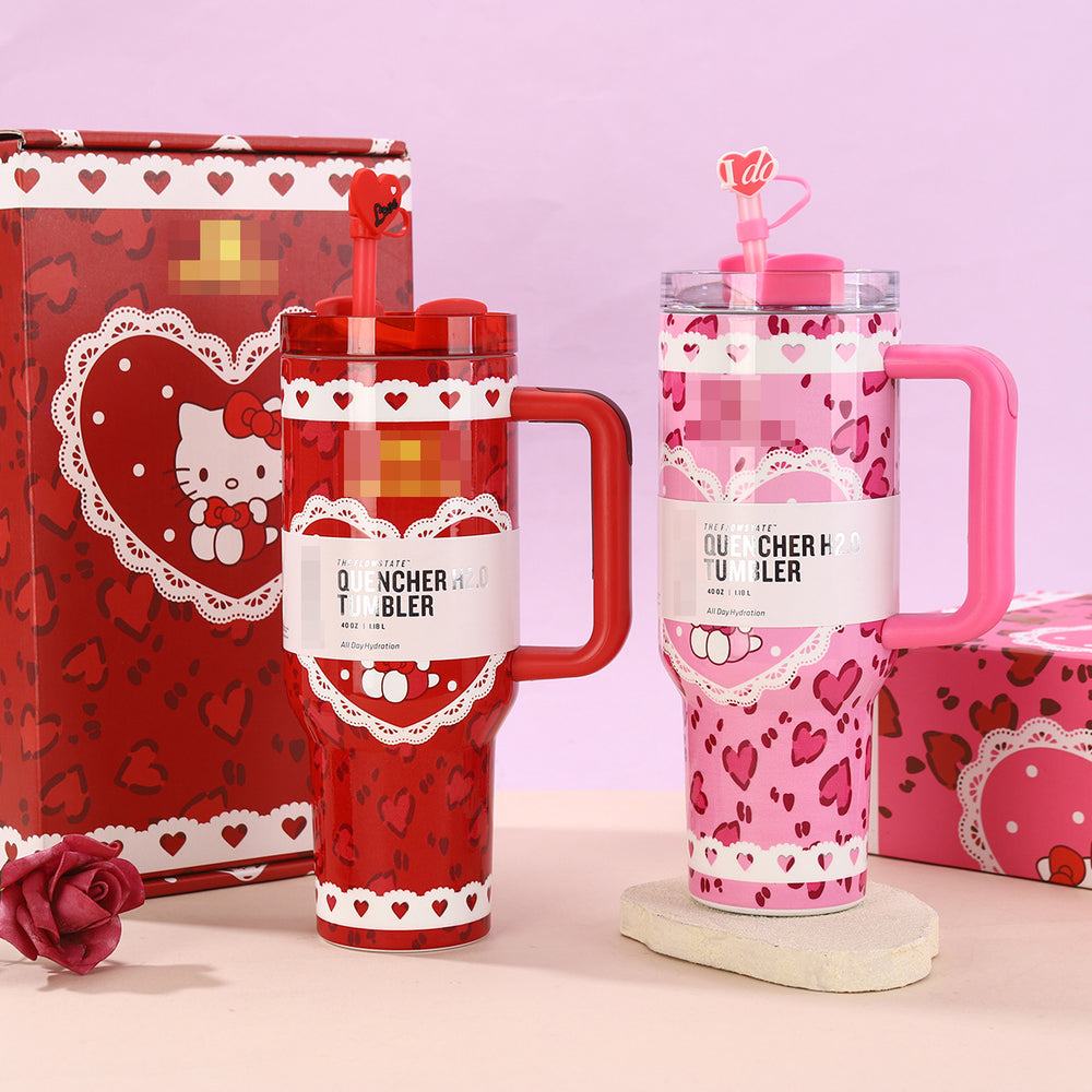 New creative heart-shaped handle ice tumbler, large capacity 304 stainless steel insulated mug, stanley-style portable straw cup