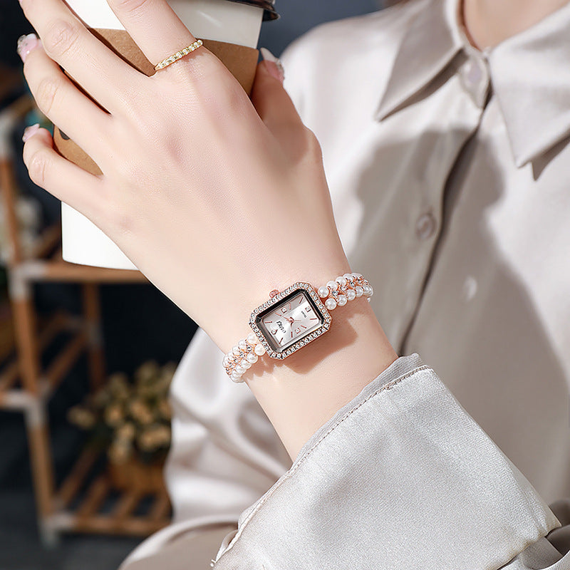 Ouki retro vintage chanel-style pearl bracelet watch - women's elegant, niche, and fashionable chain watch in gold