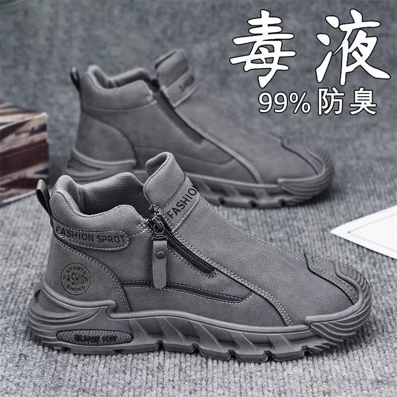 2025 spring new trendy men's anti-slip workwear versatile high-top zip-on slip-on chunky sole casual shoes