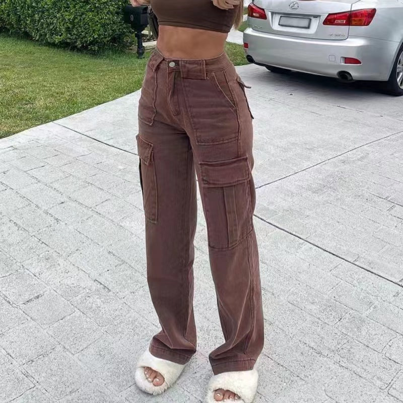 Wish cross-border trade  new versatile multi-pocket cargo pants loose casual denim trousers  women's