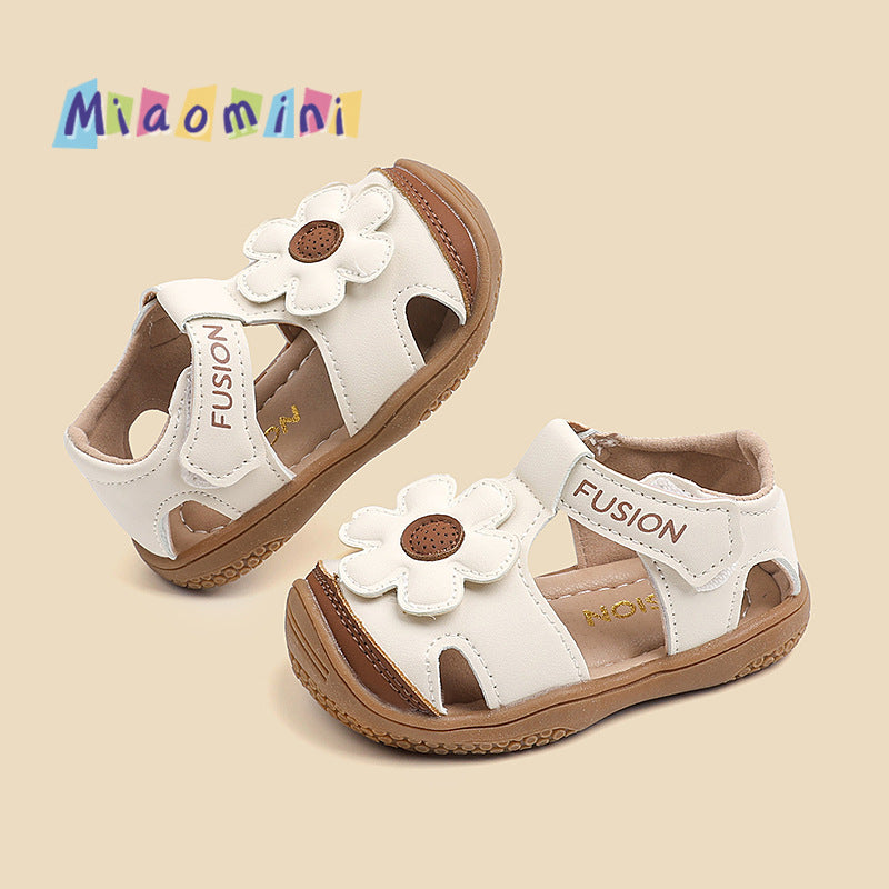 Girls' summer soft-soled first walker sandals - cute floral closed-toe, anti-kick, non-slip, breathable toddler functional shoes, ages 1-4