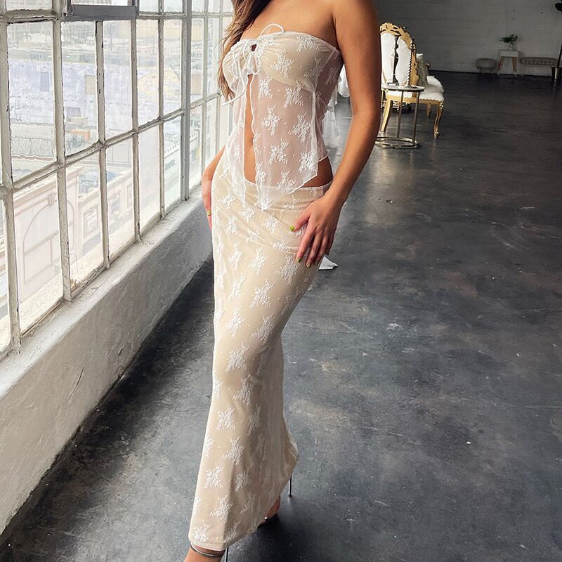fashionnew arrivalsummerlace skirtpatchwork chest wrap summer clothing silmsexysuit long skirt