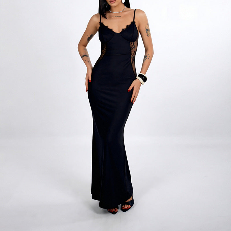 women's summer new arrivals: european and american cross-border fashion - sexy solid color lace bodycon dress