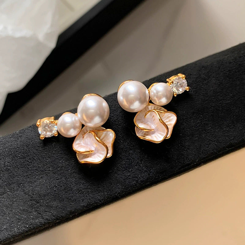Sterling silver needle drop glaze camellia earrings gentle elegantclassy champagne pearl element sense of design sparkling zircon earrings