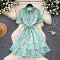 Frenchromantic style floral elegantdress women's summerk-style waist slimming look a-line skirt gentle tie back