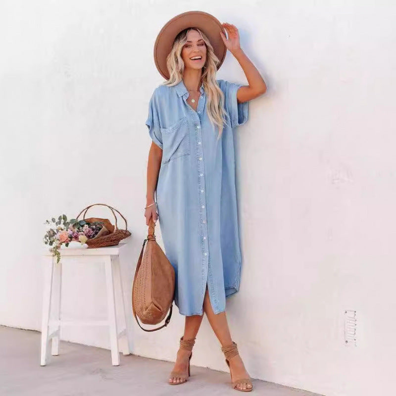 Aliexpress new arrival: european and american fashion solid color denim short-sleeve long slit shirt dress