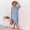Aliexpress new arrival: european and american fashion solid color denim short-sleeve long slit shirt dress