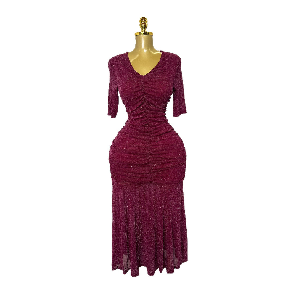 Export frenchelegance stretch mesh pleated v neck silmdress women's summer high waistslimming lookelegant long skirt