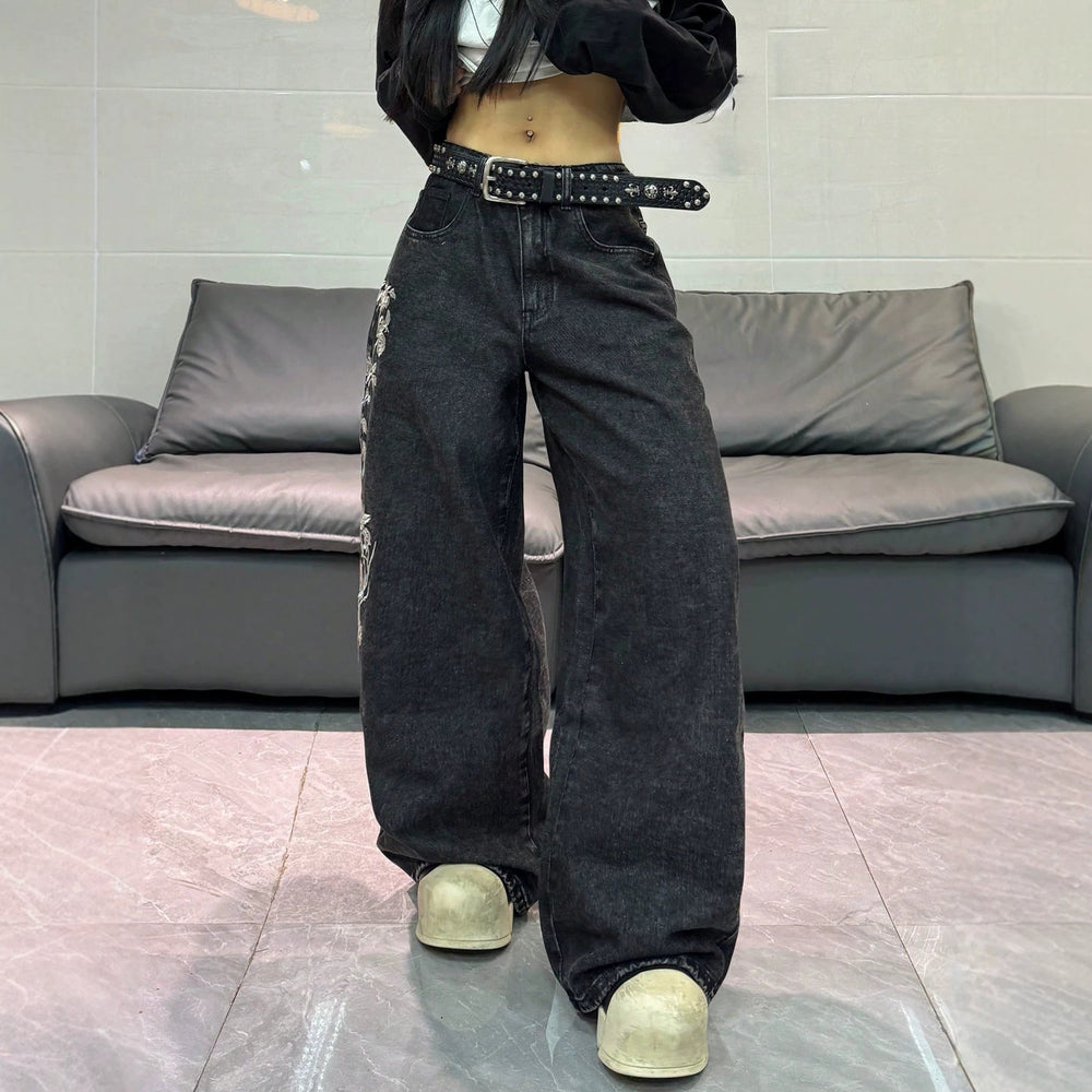 European and american style women's black and grey distressed rose embroidered wide leg jeans - vintage high street loose fit denim trousers