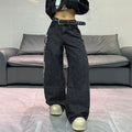 European and american style women's black and grey distressed rose embroidered wide leg jeans - vintage high street loose fit denim trousers