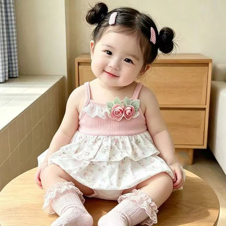 Summer lightweight romper dress - stylish triangle bodysuit for babies - floral print summer outfit - infant one-piece