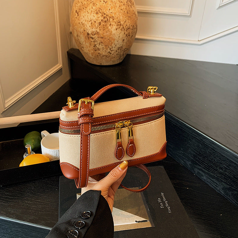 European and American retro fashion portable box small square bag women's 2024  new canvas contrasting color splicing messenger bag