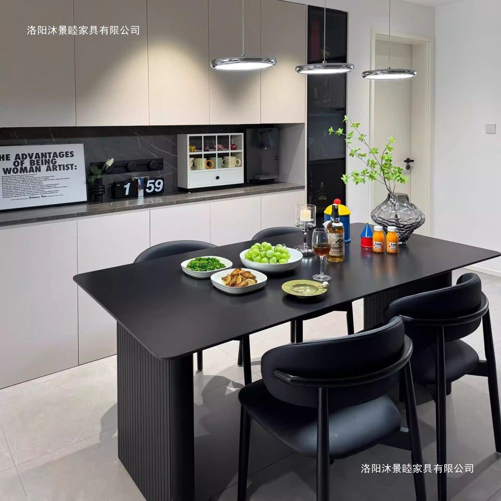 Italian-style black rock slab dining table set for small spaces - minimalist modern home furniture