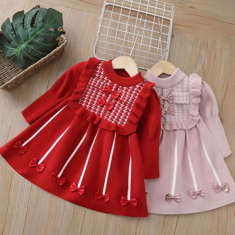 new year's & christmas girls' sweater dress - bow accent, chanel-inspired sweet knit dress