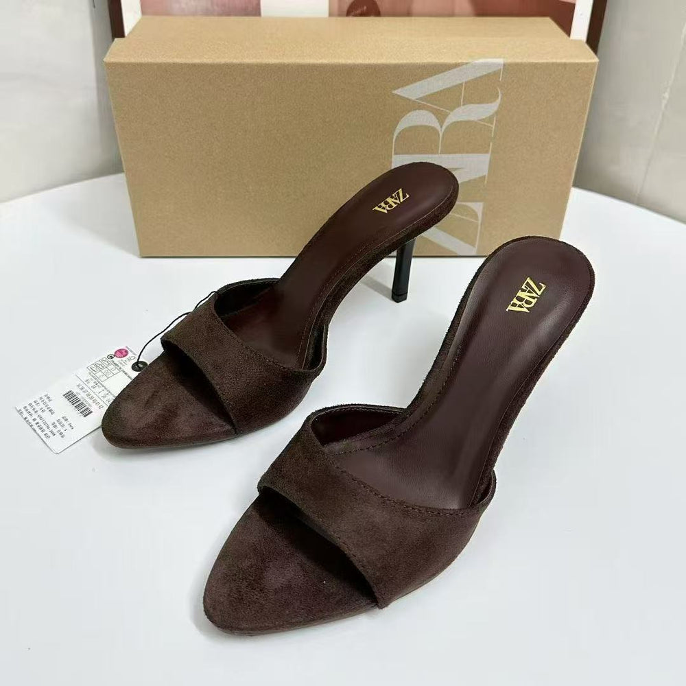 Spain 2025 autumn new arrivals: niche sandals - ankle strap, open back, deep brown-yellow, pointed toe, stiletto heel sandals & slippers