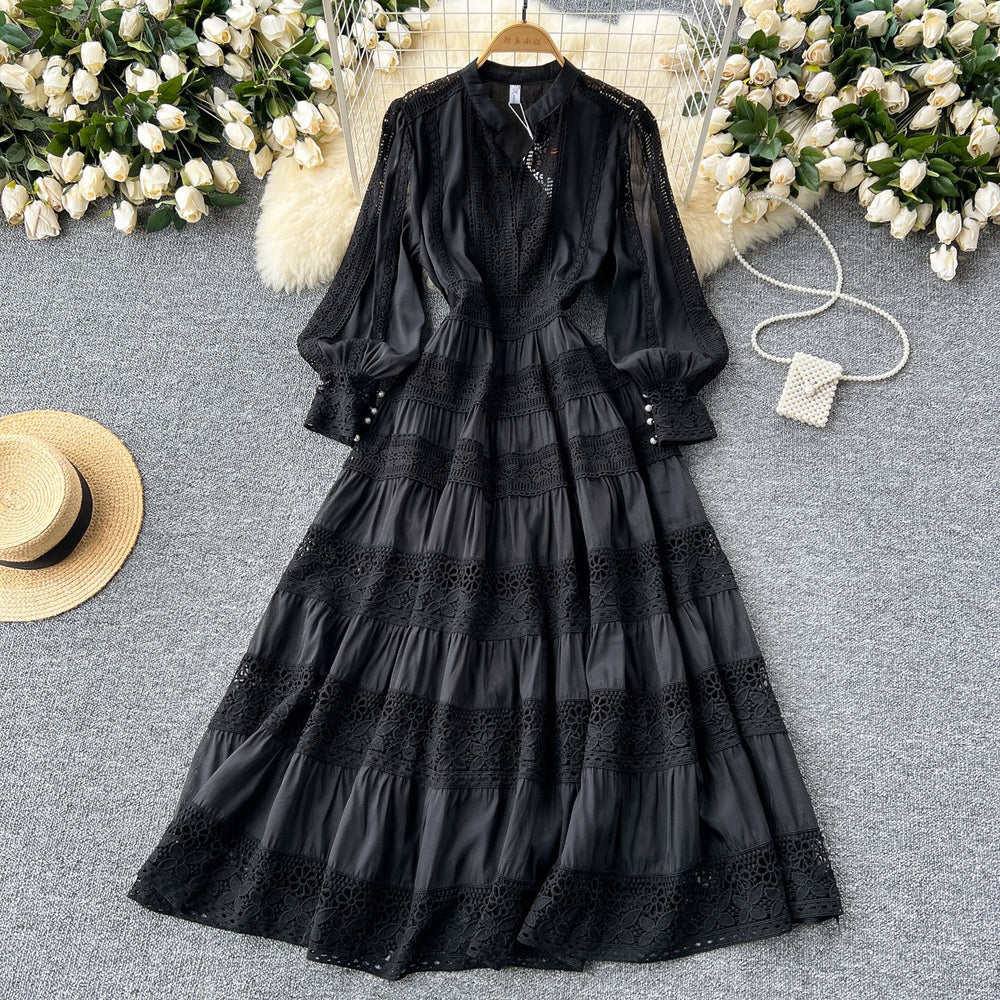 Frenchretrov necklacepatchwork waist long sleeves large swing dress women slimming lookclassyelegancelong skirt