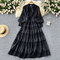 Frenchretrov necklacepatchwork waist long sleeves large swing dress women slimming lookclassyelegancelong skirt