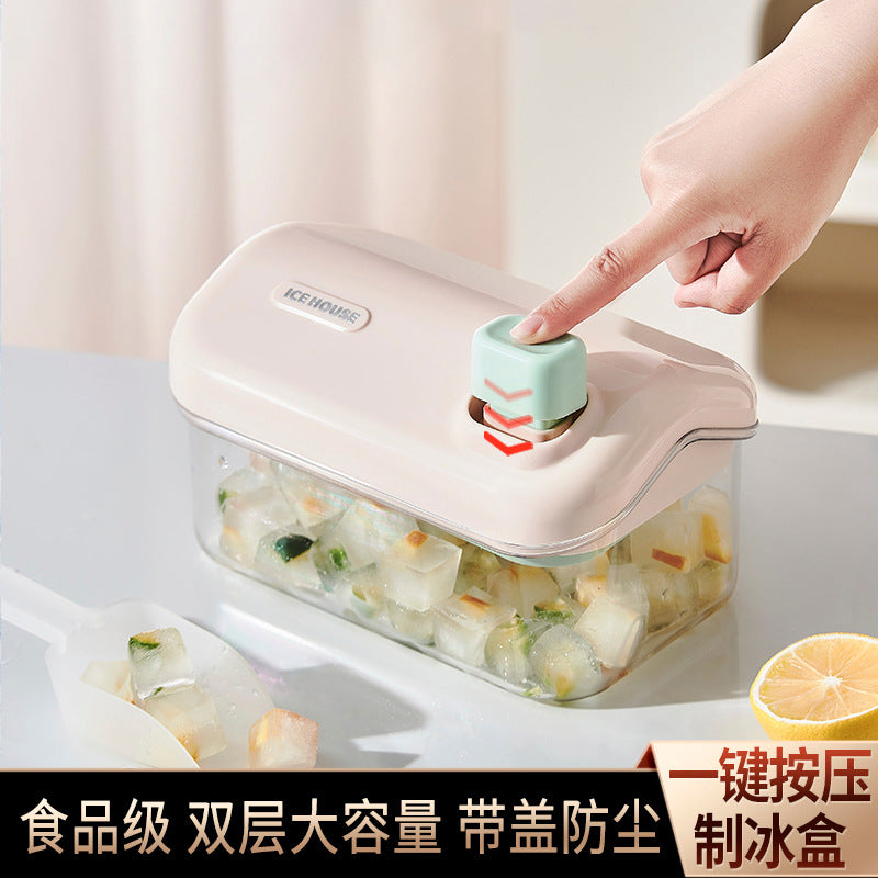 Ice cube mold, large-capacity pressing ice grid, household food-grade ice-making ice storage box, refrigerator with lid, frozen ice cube artifact
