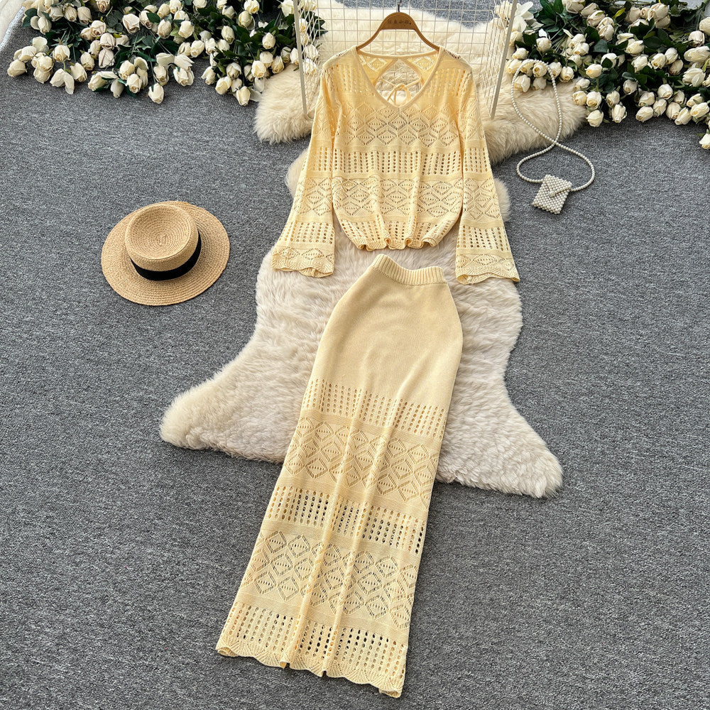 French chic crochet knit two-piece set: elegant, versatile, and slimming top & midi skirt outfit