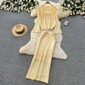 French chic crochet knit two-piece set: elegant, versatile, and slimming top & midi skirt outfit