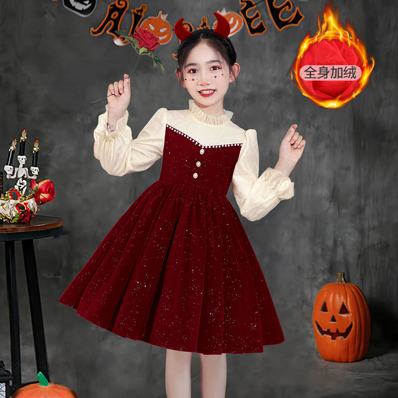 Halloween girls' dress, little girl's autumn/winter princess dress, kids' skirt, birthday chic red piano performance dress