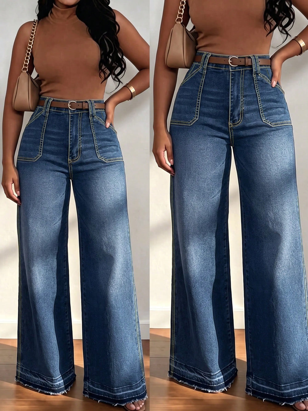 Fashionjeans women's open thread large patch pocket high waistloose pants dark blue washed raw edge trousers slimming look denim pants