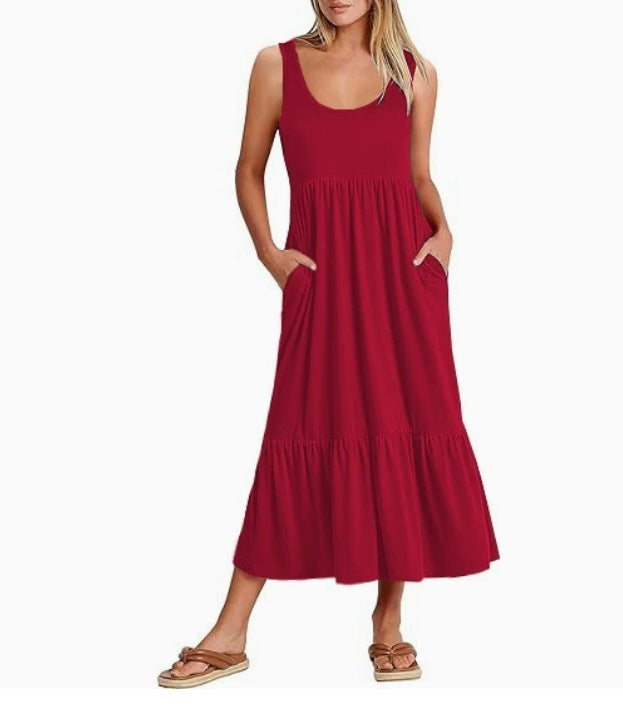 european and american cross-border summer sleeveless tank dress - flowy, layered beach maxi dress with pockets for women
