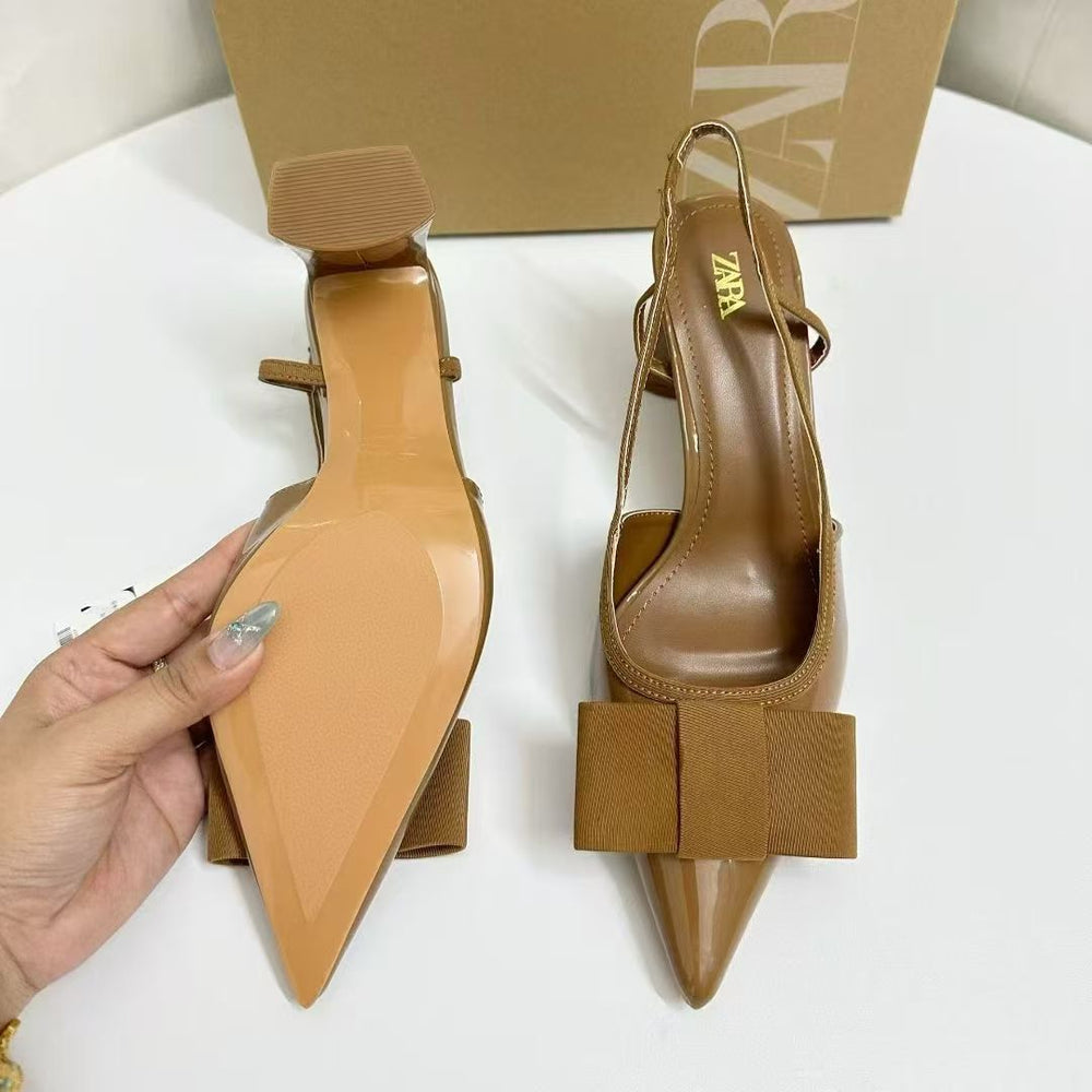 Za2025 autumn new collection: chunky heel peep-toe sandals with back strap, pointed toe, silk satin bow detail - fashionable women's footwear