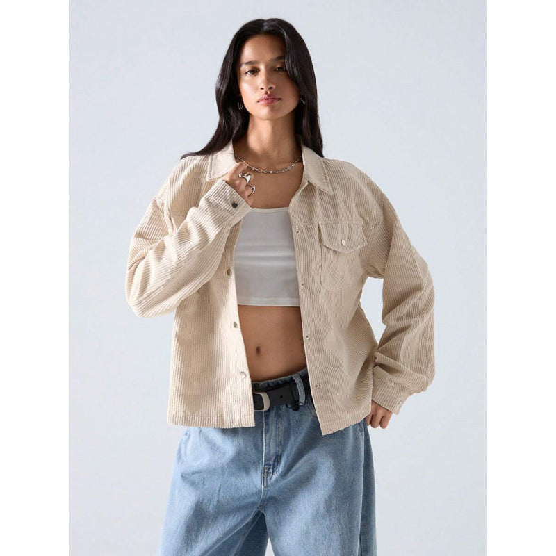fashion  autumn new arrival casual retro lapel button loose corduroy jacket outwear