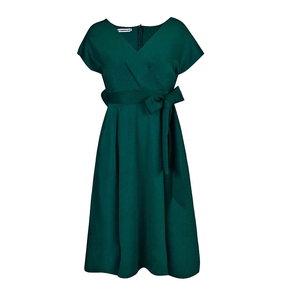 Amazon independent station summer v neckpure color waist bow tie european and american large swing dress cross-border dress