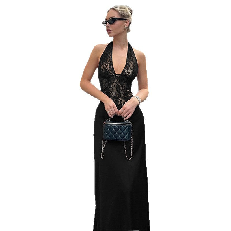 European and american women's clothing  winter new fashion deep v lace patchwork hollow-out waist-defining backless halter dress