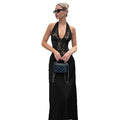 European and american women's clothing  winter new fashion deep v lace patchwork hollow-out waist-defining backless halter dress